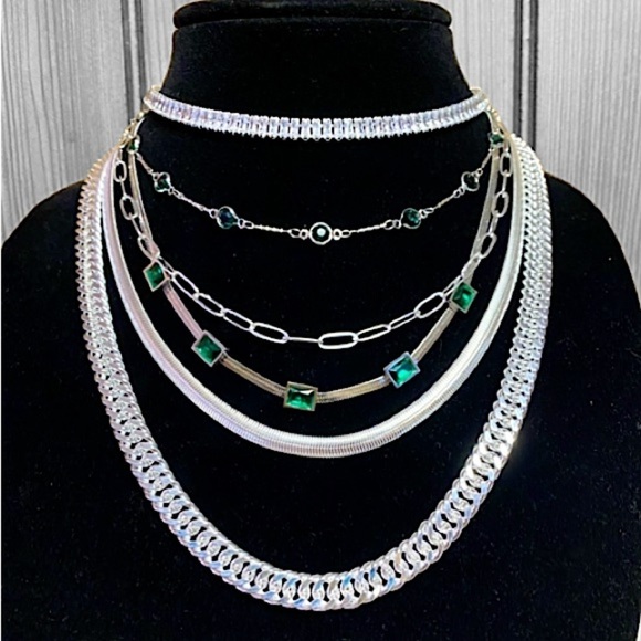 Handmade Diamond Emerald Choker Sterling Silver Multilayer Statement Necklace - Picture 3 of 8